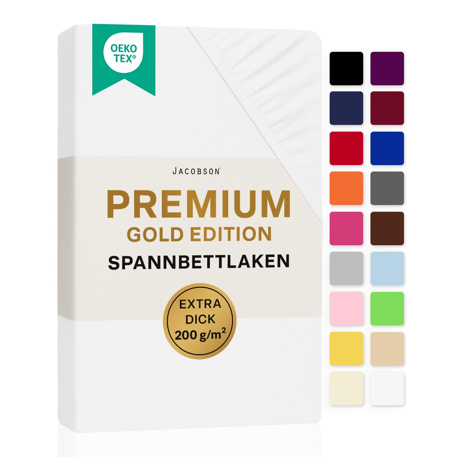 Jacobson Premium Spannbettlaken 200 g/m² Jersey Baumwolle mit Elasthan (120x200-130x200 cm, Weiß)