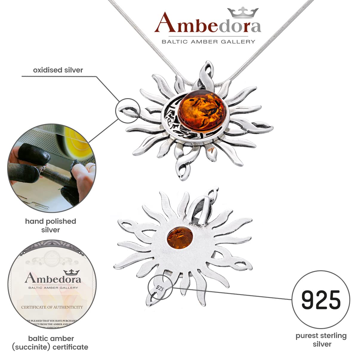 Collar para mujer con ámbar, plata de ley oxidada, ámbar báltico redondo, colgante de sol y luna celta con cadena, Plata esterlina, Ámbar