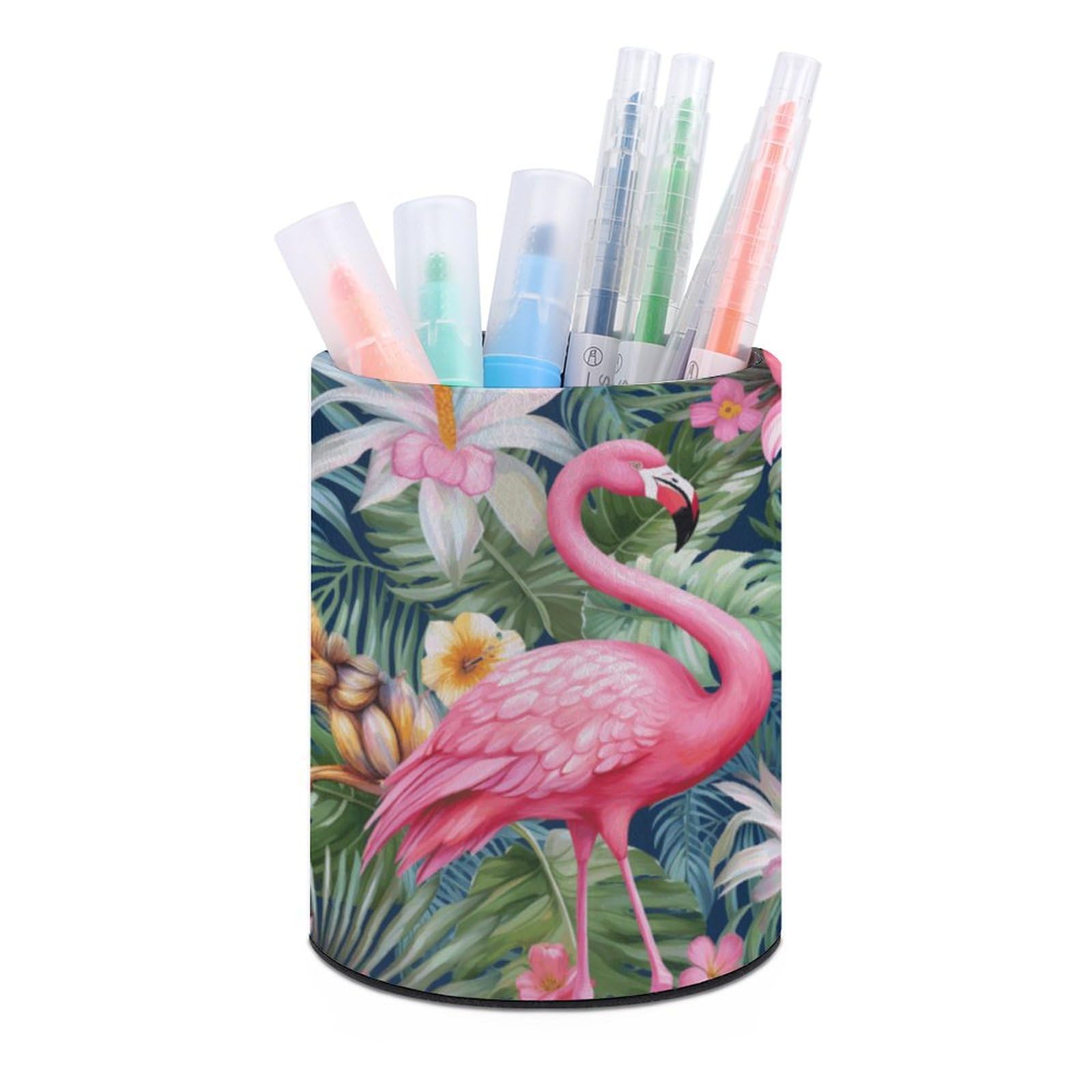 JTREHY Round Pen Holder, Flamingo Floral Print Makeup Brush Storage Box for Home Office Dressing Table