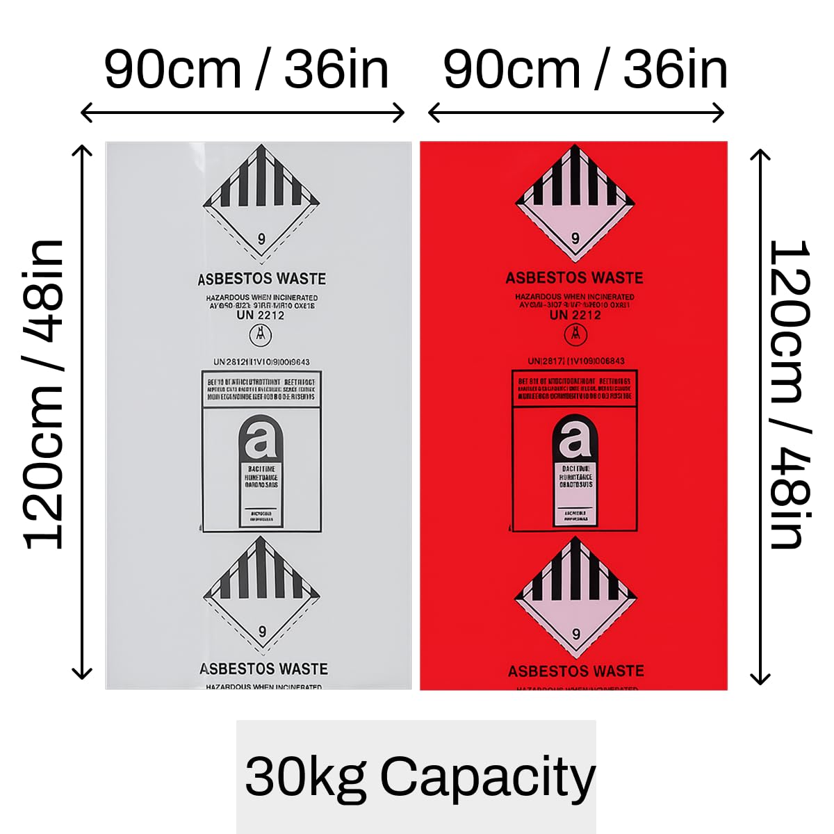Sacchetti per rifiuti di amianto resistenti, 120 x 90 cm, contrassegnati UN2212/UN2590, capacità 30 kg, confezione da 5, resistenti agli strappi, colore: rosso e trasparente (5)