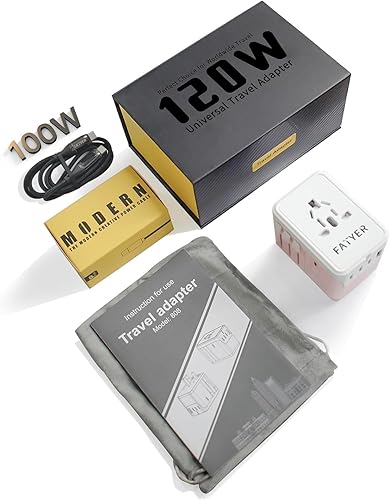 Miniatura 5 de Adaptador de viaje universal, adaptador de enchufe internacional GaN de 120 W con cable C a C de 100 W, 4 PD USB-C+1 adaptador de corriente de viaje