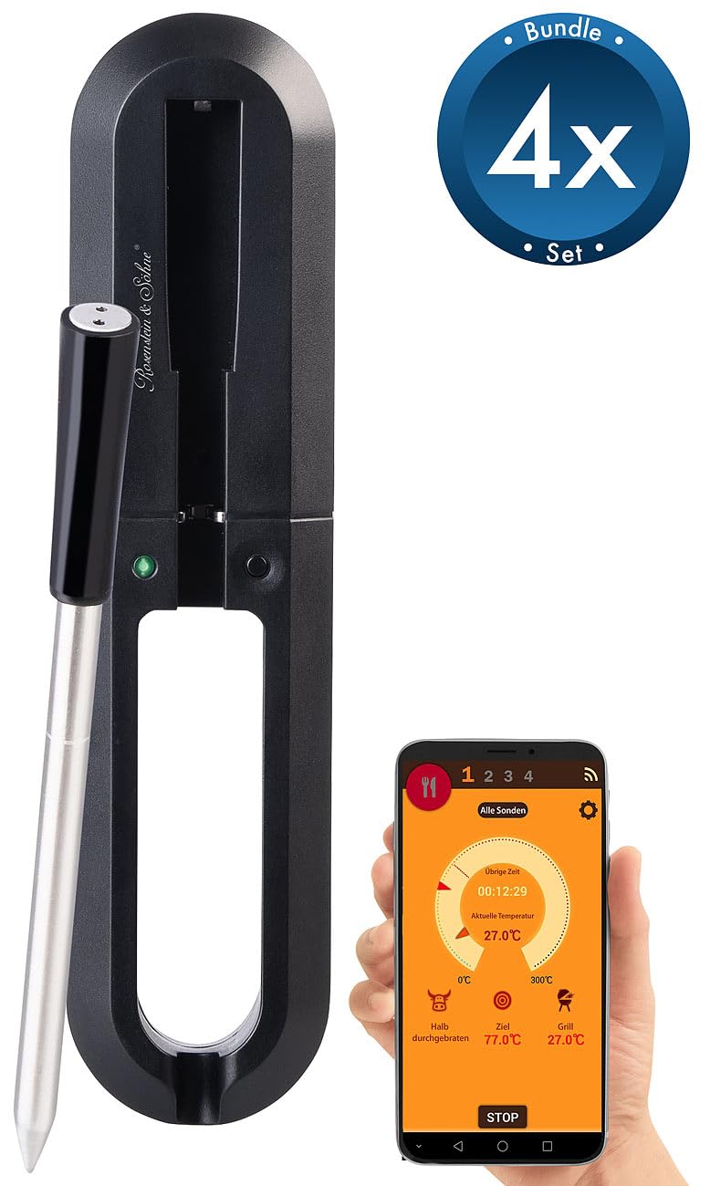 Rosenstein & Söhne Rindfleisch-Thermometer: 4er-Set Kabelloses Fleischthermometer für Grill oder Ofen, App (Bratenthermometer Backofen, Hähnchen-Thermometer, Grillspiesse)