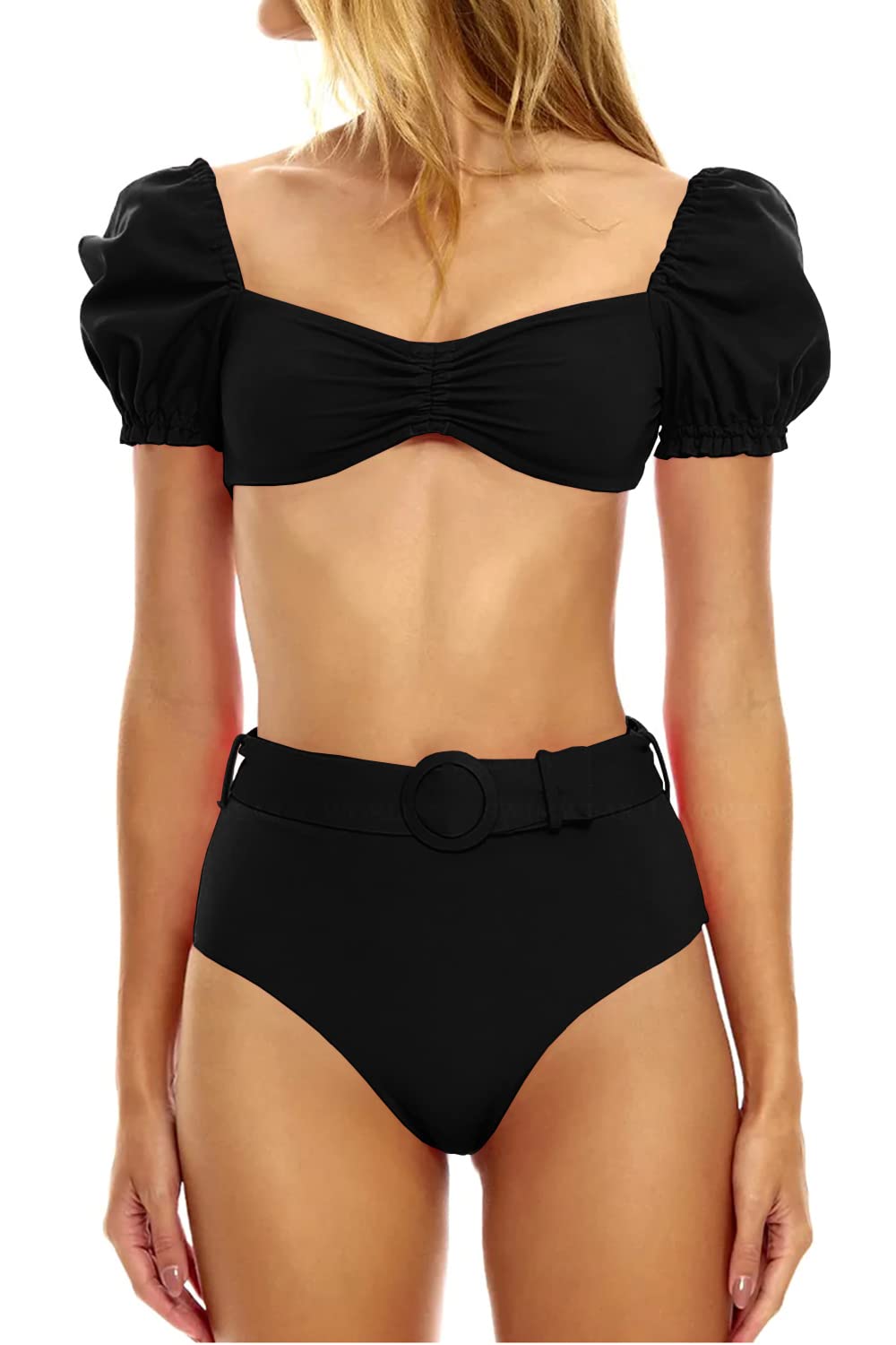 Photo 1 of LANNEW Women's High Waist Bikini Sets Tie Back Tummy Control Swimwear 2 Piece Swimsuits with Belt Black SMALL
