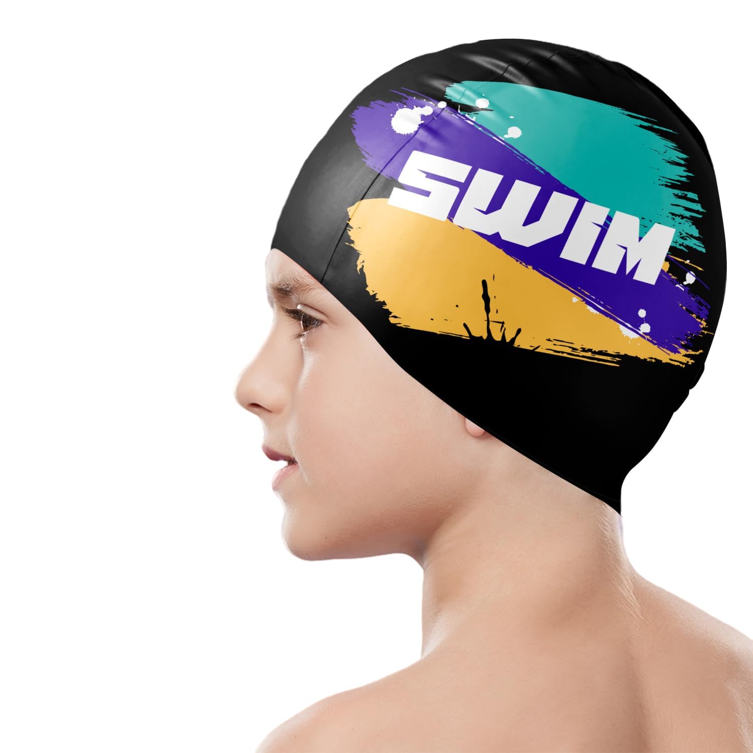 Swim Cap Kids, Durable Waterproof Swimming Cap for Girls Boys Teens Toddler Aged 3-15, Comfortable Fit Kids Swim Cap for Long Hair and Short Hair (Black graffiti-B)