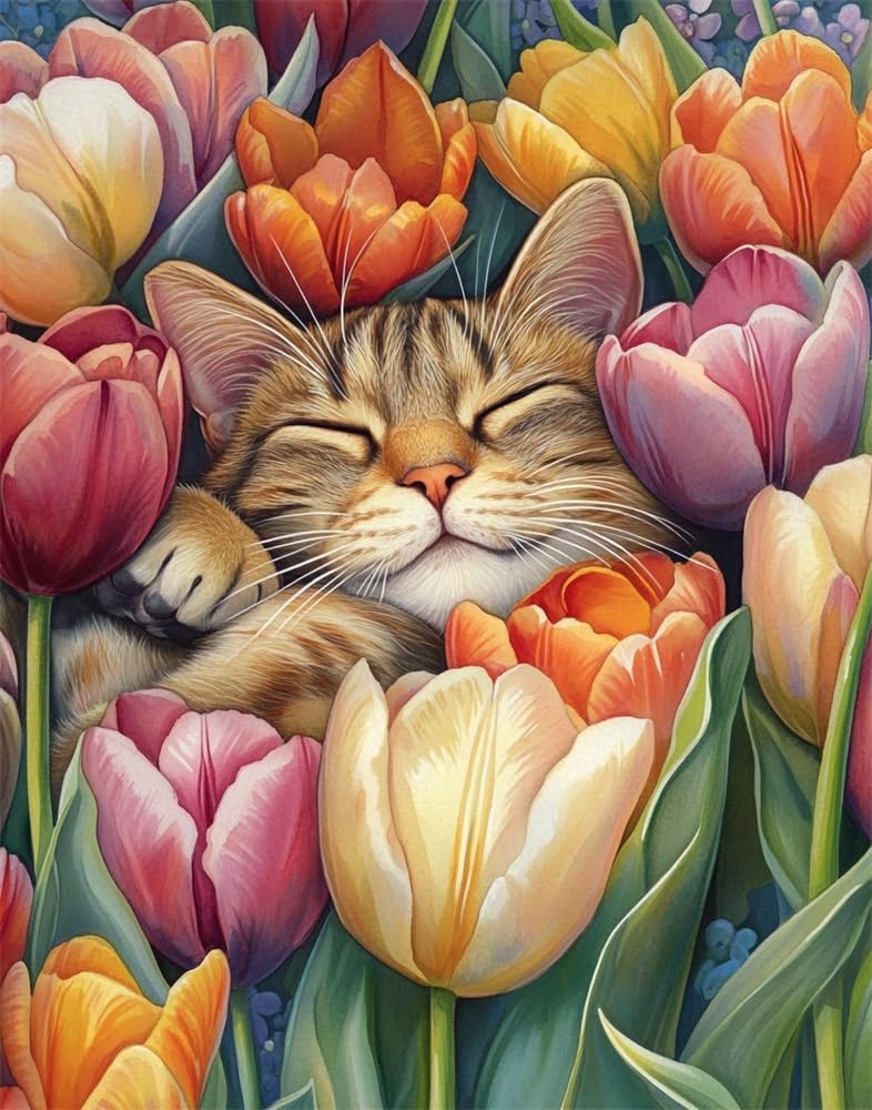 Henypt Counted Cross Stitch Kit for Adults Pre Printed, Cat and Tulips DIY 11Ct Embroidery Sewing Starter Kit Stamped Needlework Easy Beginners (Stamped Home)