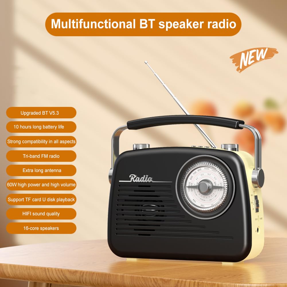 Przenośne radio FM AM SW z głośnikiem BT - radio retro do domu, sypialni, salonu, kuchni