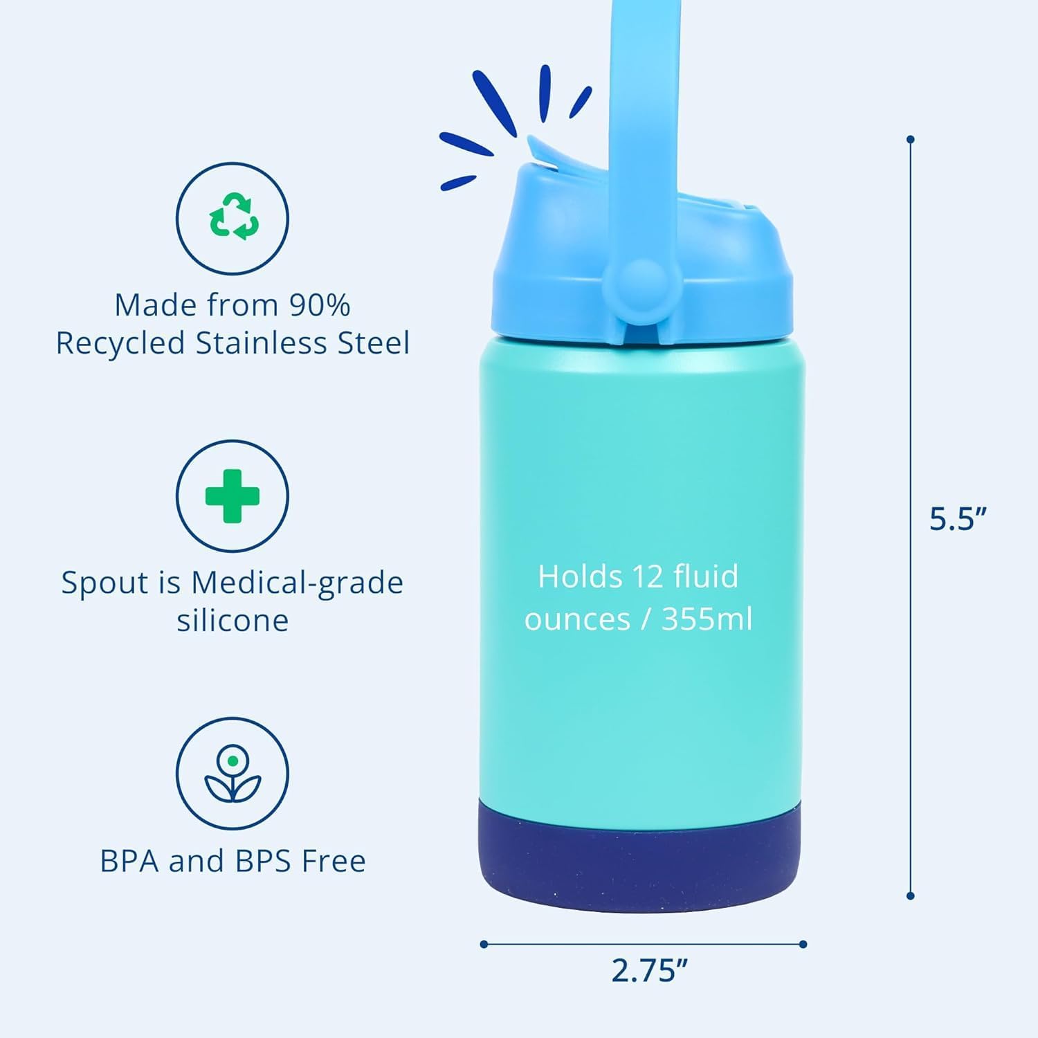 Re-Play 12 oz Water Bottle for Kids - Vacuum-Insulated Stainless Steel Tumbler with Flip-Straw, Spill and Leak-Proof Design, Dishwasher and Freezer Safe, 2 Pack Pool Blue and True Blue