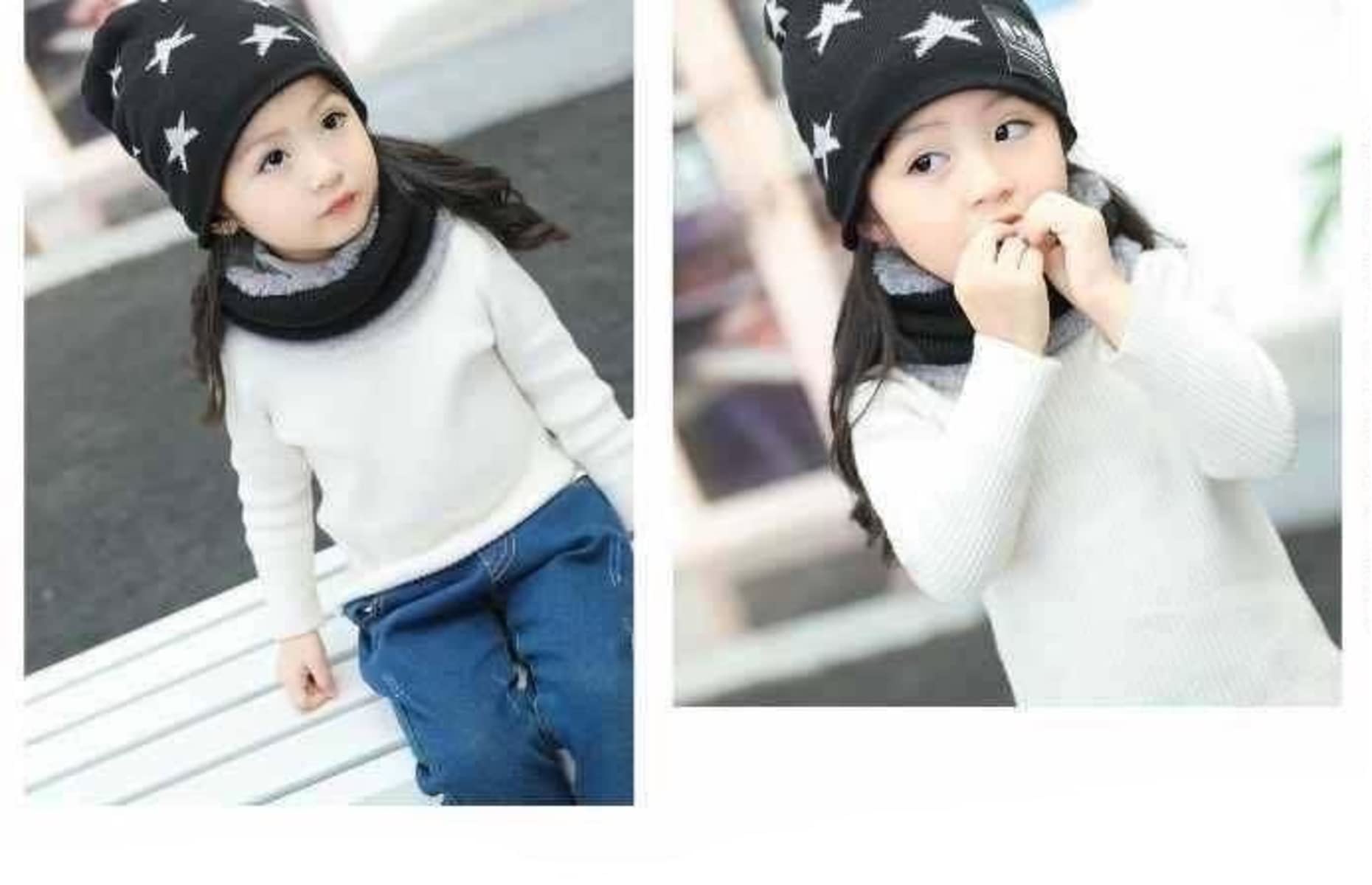 MOMISY Kids Winter Hat and Scarf Set, 2Pcs Warm Knit Beanie Cap and Scarf for 5-10 Years Old Boys and Girls (Black S) 1