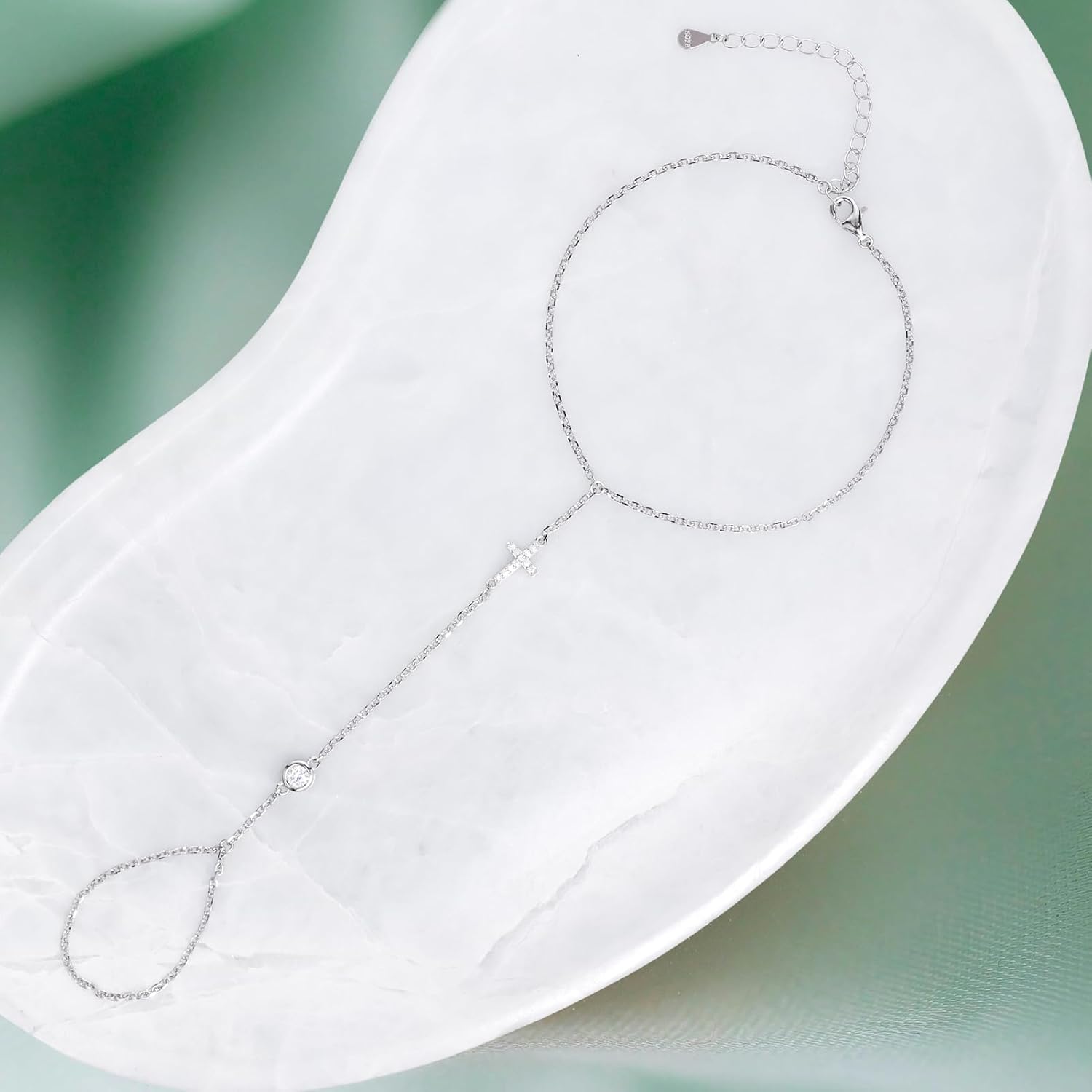 925 Sterling Silver Solitaire CZ Diamond Finger Ring Bracelet, Cross Hand Chain for Women, Slave Bracelets Adjustable - Image 2