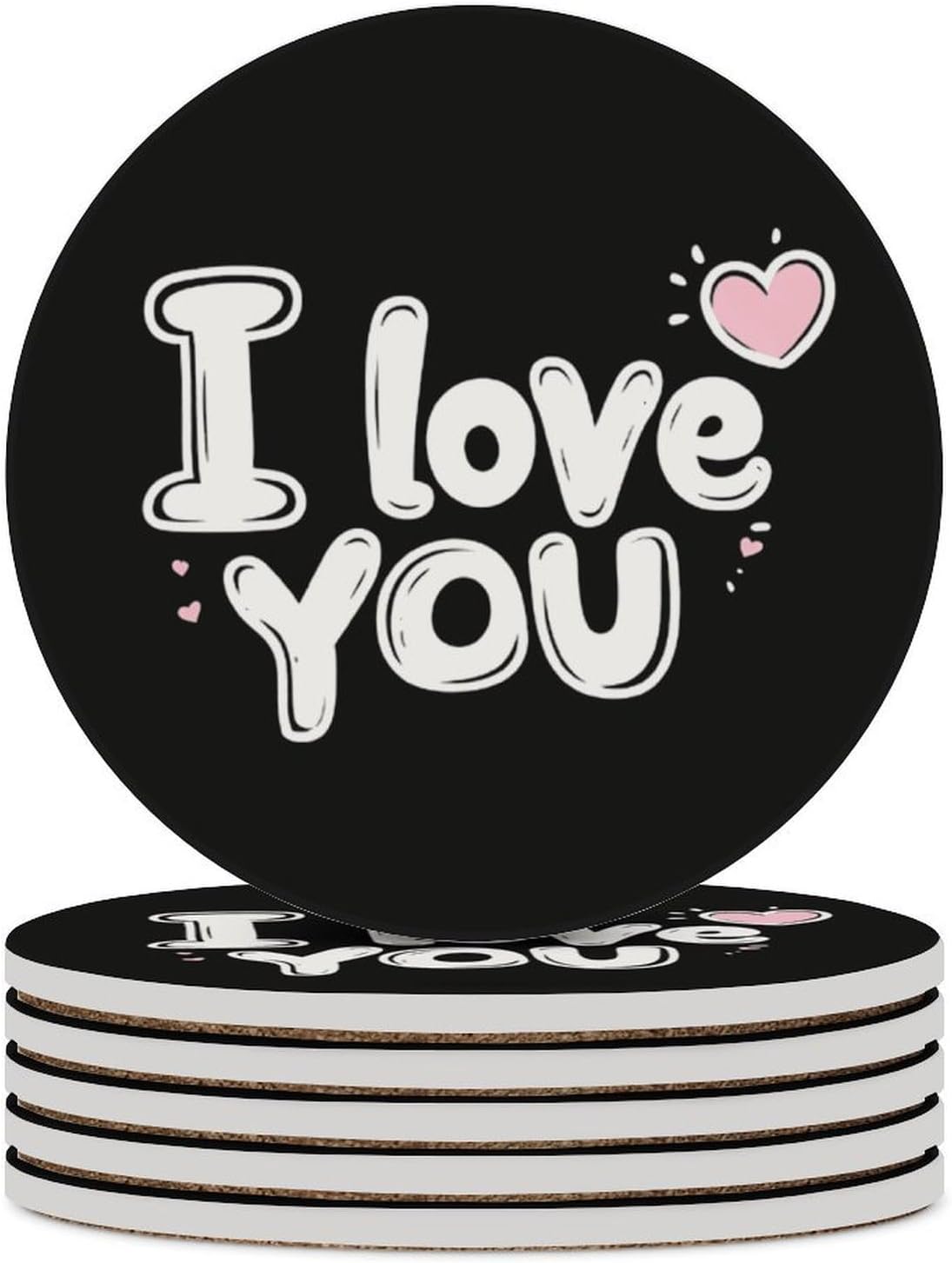 I Love You Round Ceramic Coasters for Drinks Absorbent Cup Holder Tabletop Protector with Cork Base