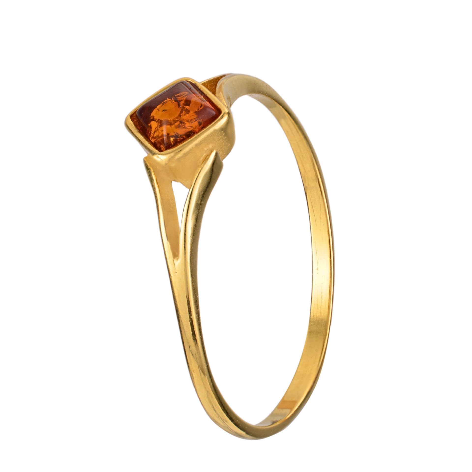 Noda - Anello quadrato in ambra baltica color miele e argento sterling placcato oro 18 carati