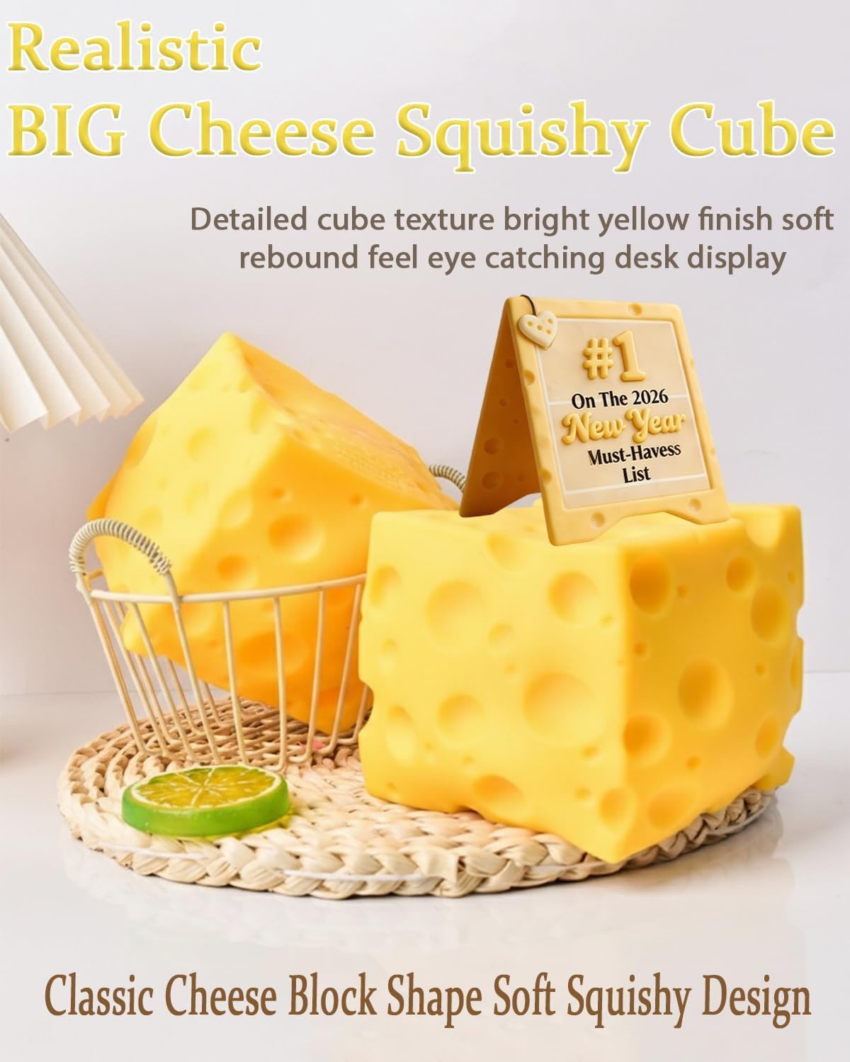 Jumbo Cheese Squishy Big Giant Cube Block Slow Rising Large Squeeze Toy Squeezable Stress Relief Rebounding Sensory Fidget for Kids Adults Autism ADHD Novelty Yellow Soft Rebound Gift Favors(3.9IN2)