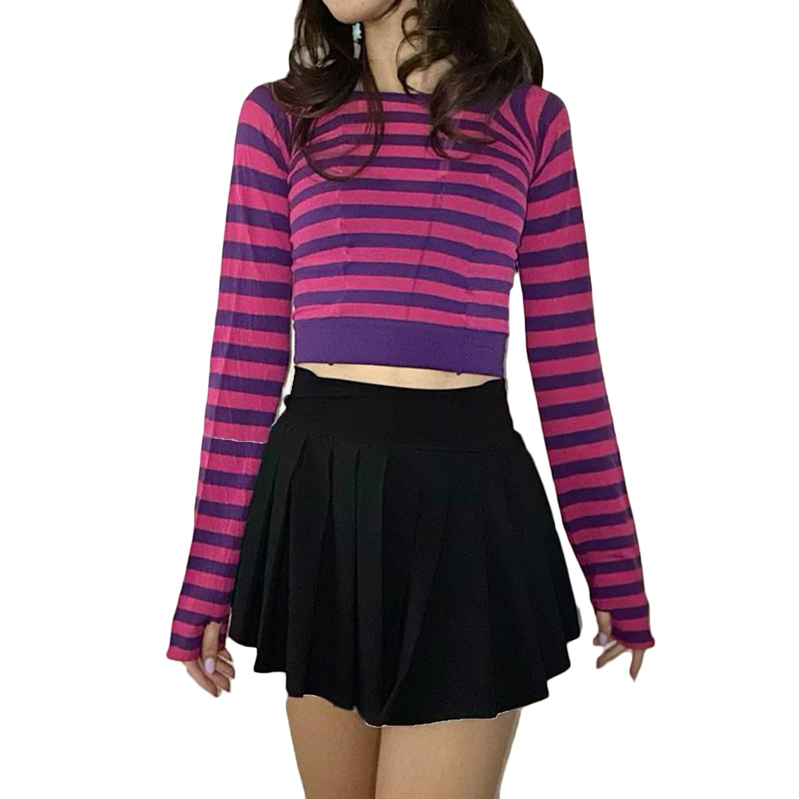 Halloween Costumes for Women Stripe Long Sleeve T-Shirt Y2K Grunge Round Neck Crop Tops Punk Gothic Shirt Cosplay (Purple, M)