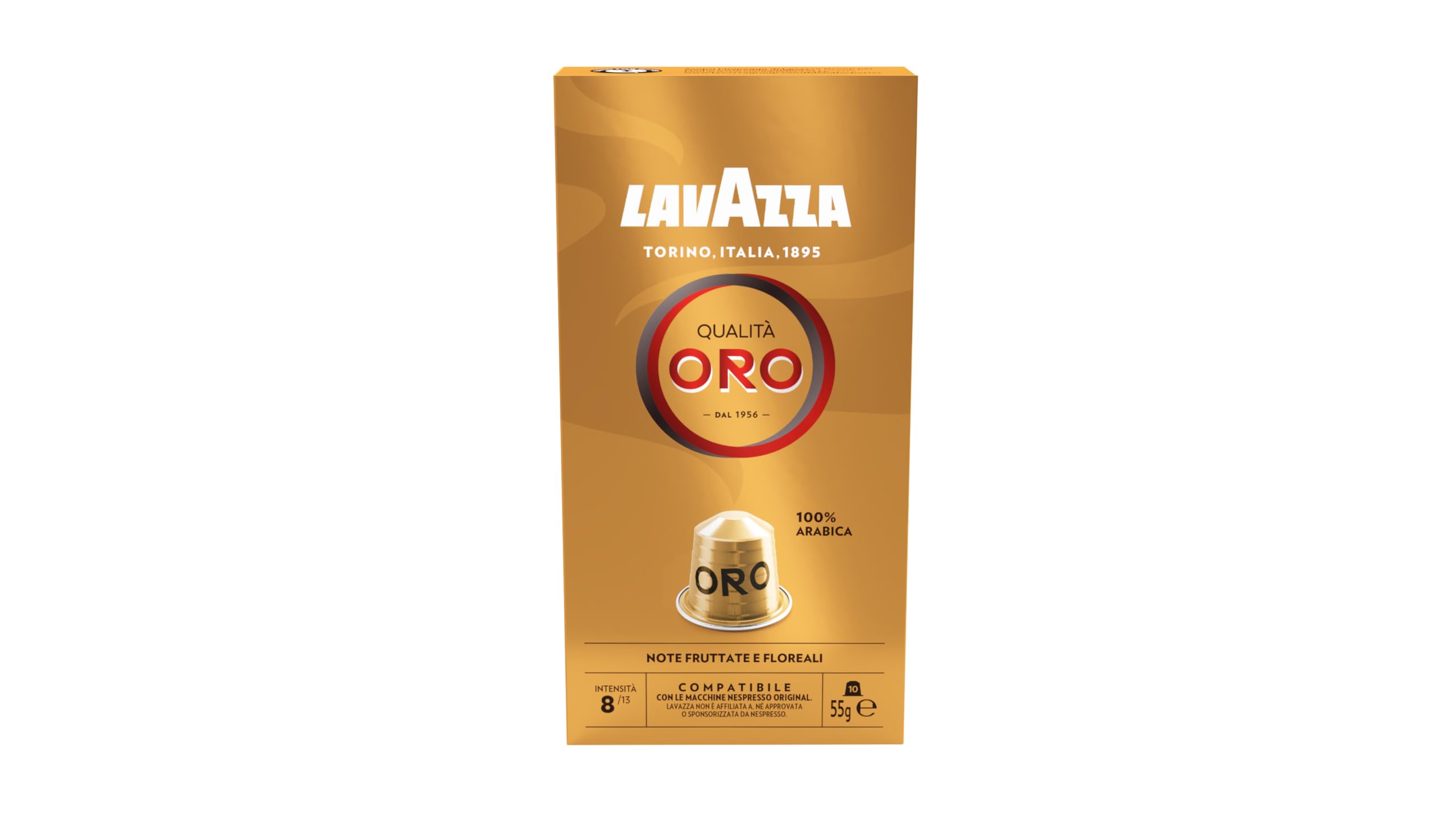 LAVAZZA - Qualità Oro, 100 aluminiowych kapsułek do kawy, kompatybilnych z ekspresami Nespresso Original, Nuty owocowe i kwiatowe, 100% Arabica, Intensywność 8/13, lekkie prażenie, 10 opakowań