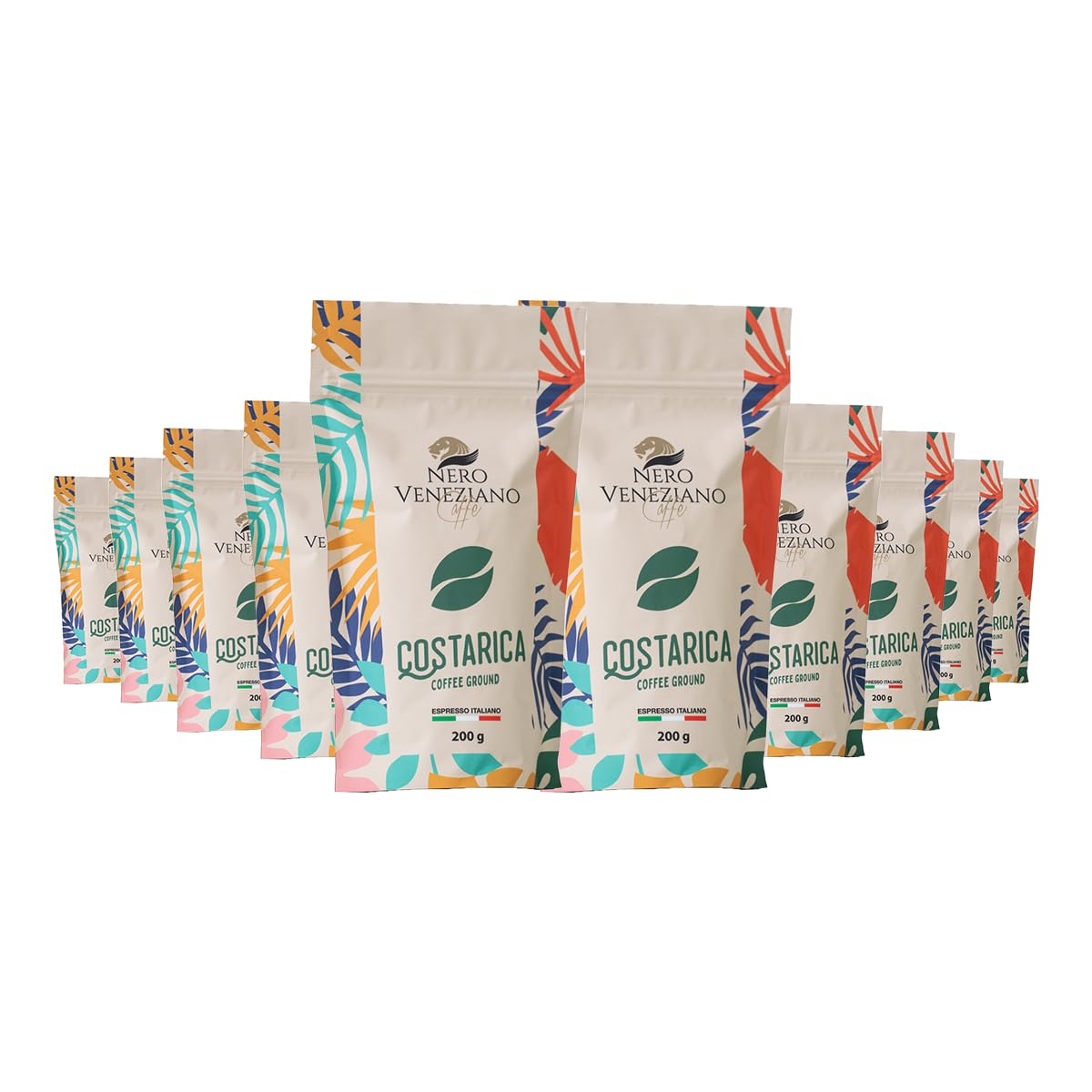 Nero Veneziano Costa Rica Caffè Macinato 10x200 g, 50% Arabica 50% Canephora, Tostatura Media, Note di Bacche Rosse e Agrumi, Corpo Robusto, Bassa Acidità, per MOKA