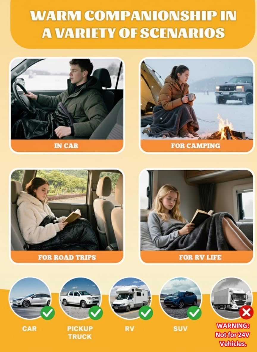 2 IN 1 Reversible Heated Car Blanket 57"x40" Heated Blanket 12V Electric Throw Temp Control Auto Off Portable Travel Blanket for Car Truck RV Van Vehicle Winter Outdoor Camping Road Trip Warmer
