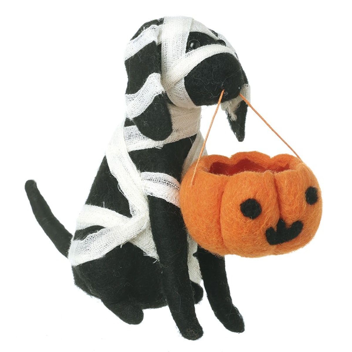 Gifts from Handpicked Halloween Mummy Dog Decoration with Pumpkin Basket – Felt Hanging Halloween Ornament – Cute Spooky Home Décor for Shelves, Mantels & Seasonal Displays