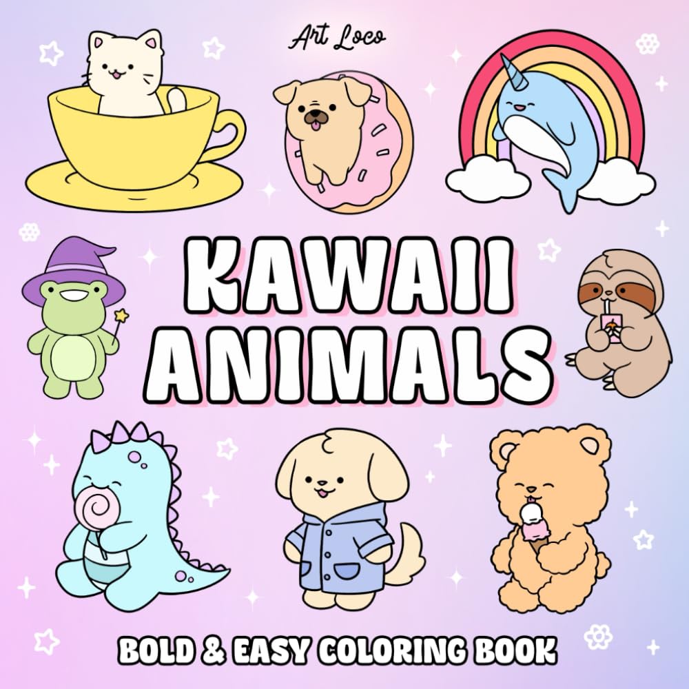 Cute Kawaii Animals: Bold and Easy Coloring Book for Adults and Teens, Simple and Big Designs for Stress Relief, Relaxation and Anxiety Featuring Adorable Critters (Easy and Simple Designs)