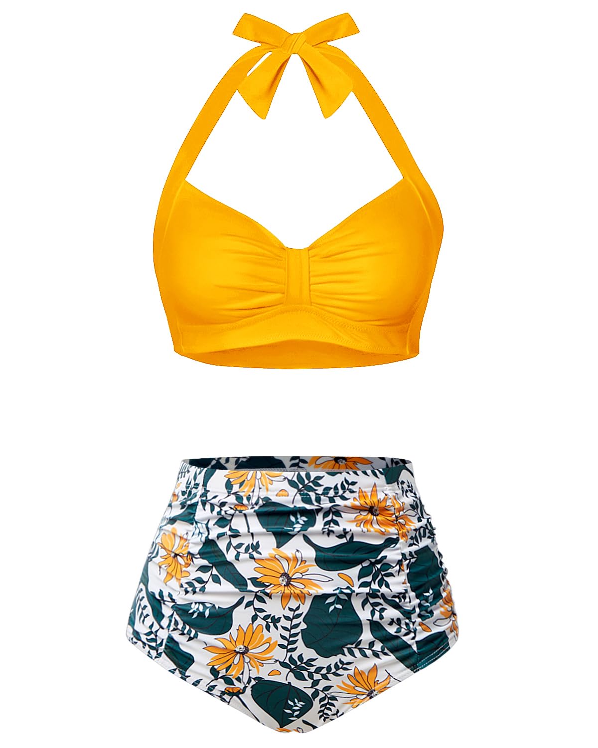 Holipick Women High Waisted Halter Bikini Set, Tummy Control, Yellow Floral, Medium, D191226-YF-M