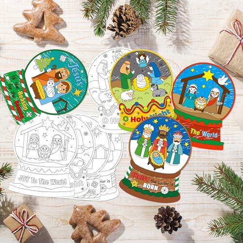 CY2SIDE Christmas Nativity Decorations Kit - 80PCS Xmas Jesus’s Birth Snow Globe Hanging Ornament for Xmas Tree Decor Jesus Crystal Ball Paper Card for Kids Sunday School Party Decoration - image 2