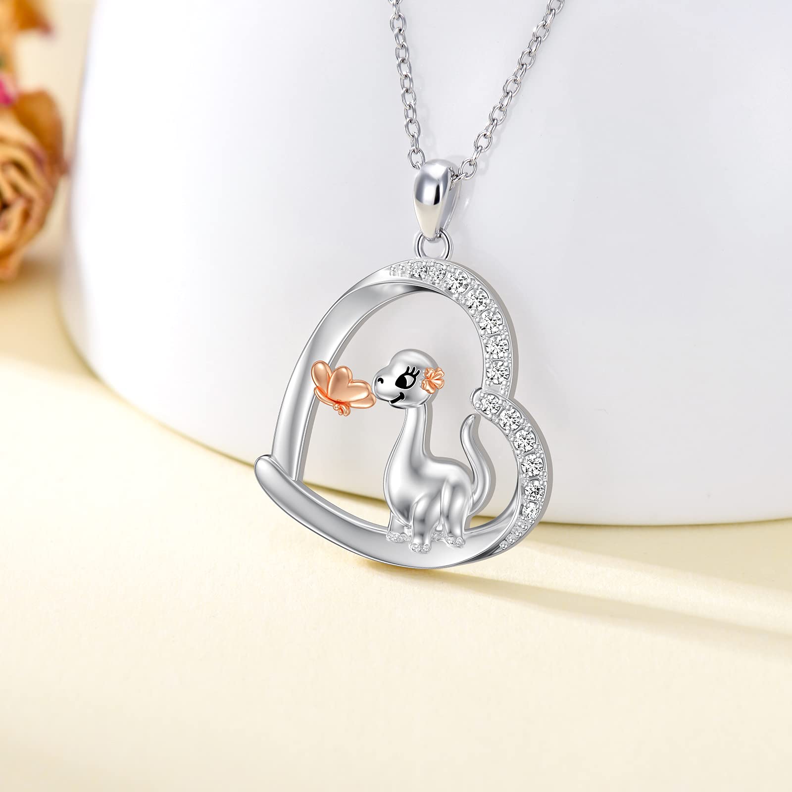 HARMONY BOLA Mother's Day Gift for Mummy Daughter Hedgehog/Hippo/Bunny/Frog/Dinosaur Necklace 925 Sterling Silver Cute Cubic Zirconia Heart Pendant Chain Jewellery Birthday Gift for Women Animal Lover