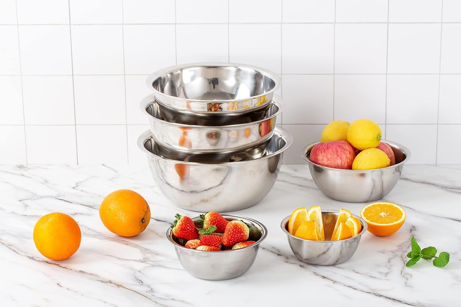 Juego de 5 cuencos de acero inoxidable para mezclar, cuencos de cocina de metal multiusos para hornear, preparar, cocinar y servir alimentos, ensaladas, verduras, tamaños 0.7, 1.5, 2, 3, 4.5