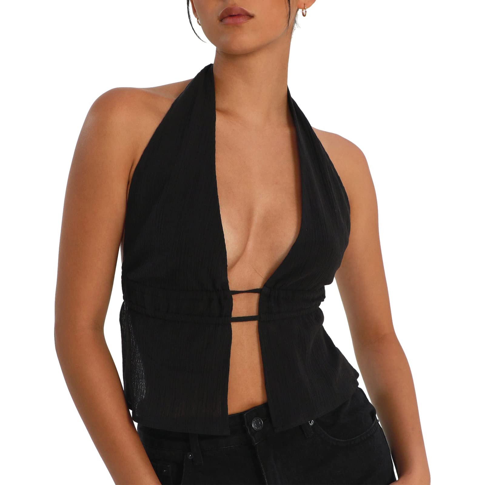 Women Backless Halter Crop Top Y2k Cowl Neck Sleeveless Ruched Camisole Tank ...