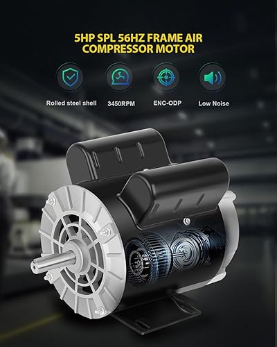 Miniatura 3 de Motor eléctrico de compresor de aire, 5SPL HP 3450 RPM, 230V monofásico, marco 56HZ 78 eje con llave 60 Hz, rotación CCW de servicio comercial,