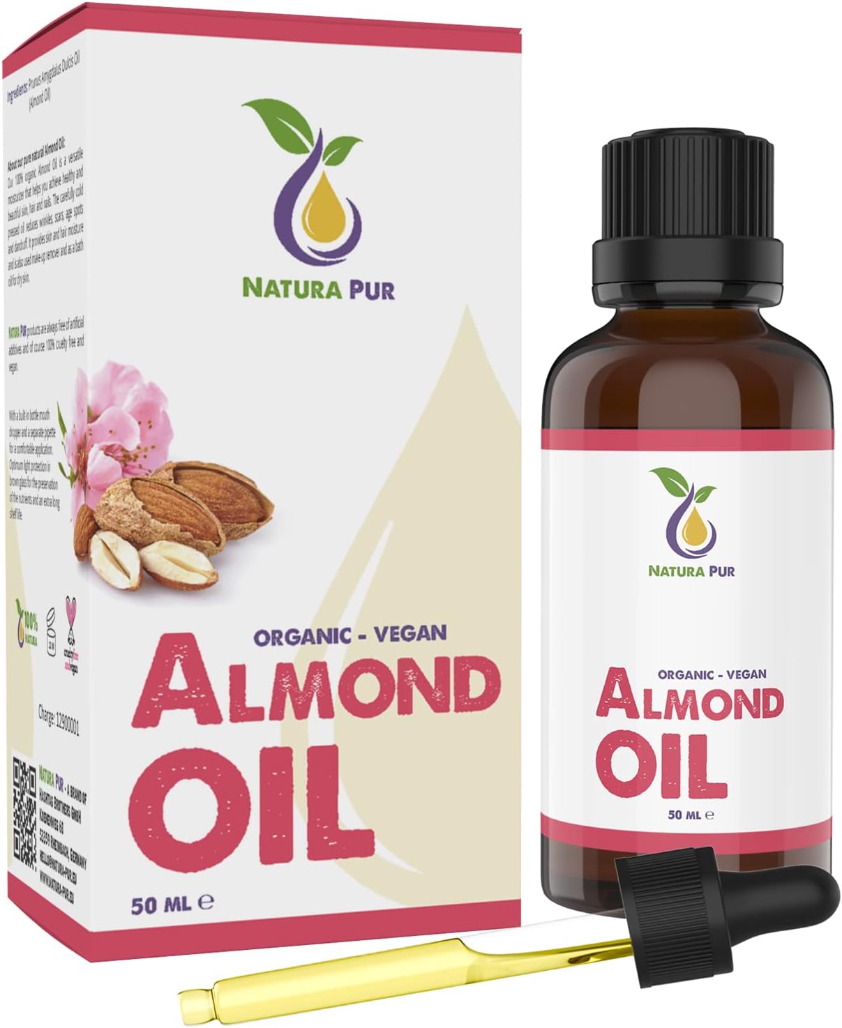 Almond Oil Sweet Organic 50 ml - 100% Native, Cold Pressed, Vegan, in Glass Bottle - Anti-Ageing Serum for Face, Anti-Wrinkles, Body, Hair, Skin, Hands, Nails - Natural Base Oil