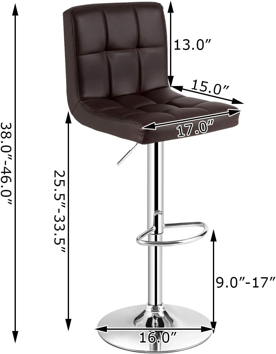 COSTWAY Adjustable Bar Stools Set of 2, Modern Swivel PU Leather Bar Chair with Backrest, Soft Cushioned Seat, Footrest, Sturdy Metal Frame, Comfortable Barstools for Kitchen Island, Pub, Brown