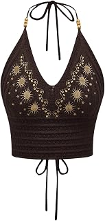 SHENHE Women's Open Back Knitted Halter Crop Top Tie Backless Embroidered Hippie Top Price In India