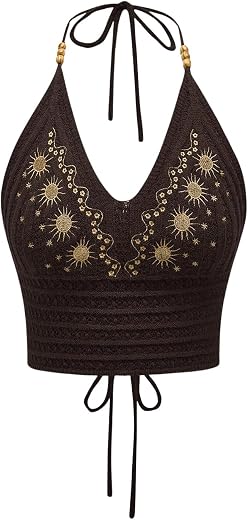 SHENHE Women's Open Back Knitted Halter Crop Top Tie Backless Embroidered Hippie Top