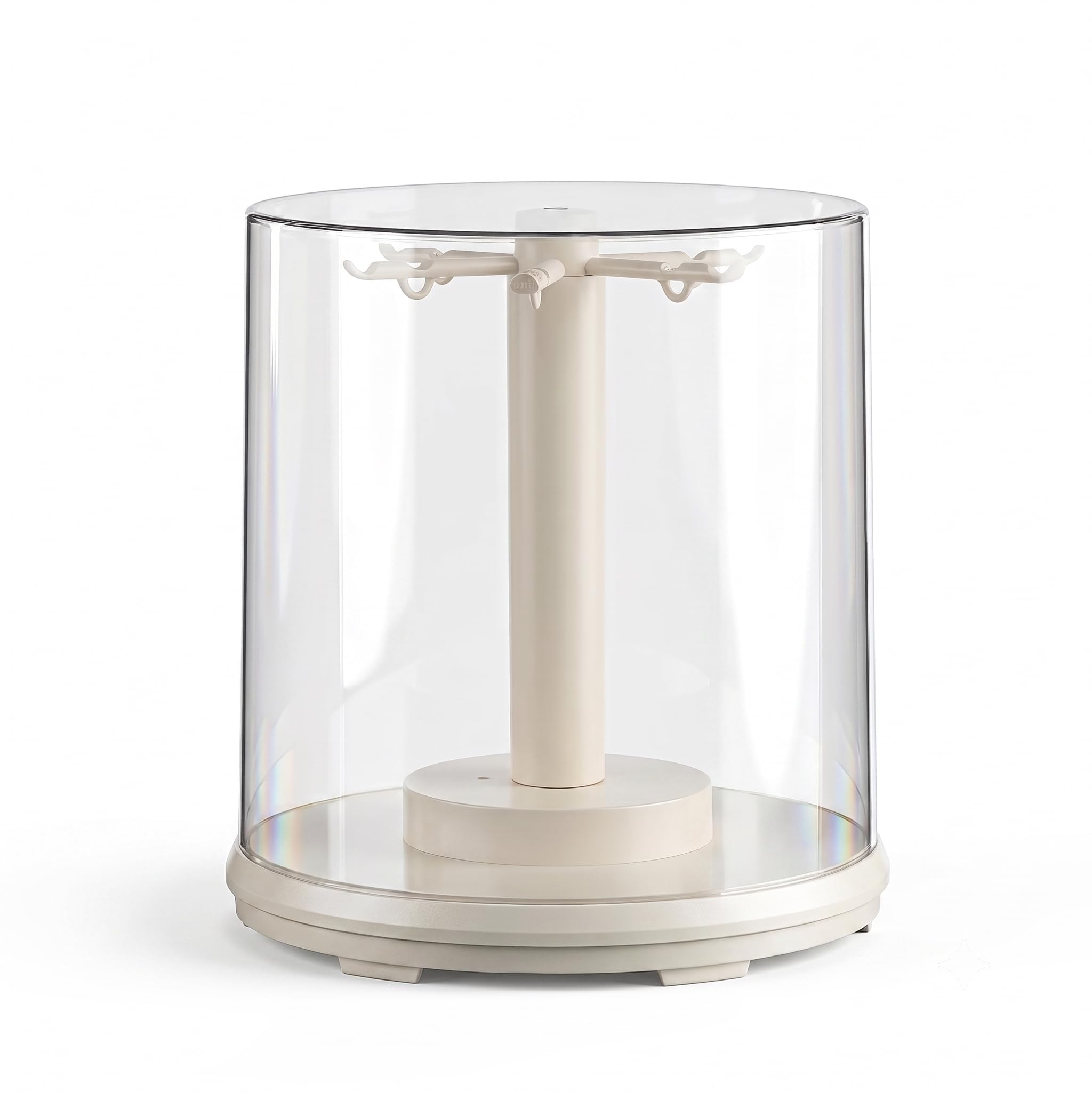 Siyecioa Clear 360° Rotating Acrylic Display Case With 6 Hanging Hooks, Dustproof Showcase Box With Turntable Base For Keychains, Plush Pendant Figures, Blind Box Collectibles & Mini Dolls, Beige