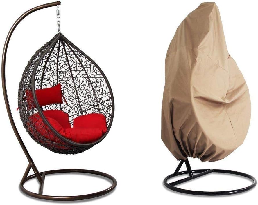 Luxury Hanging Hammock Porch Rattan Wicker Swing Chair with Free Cover Outdoor Egg Chair with Cushion (REd)