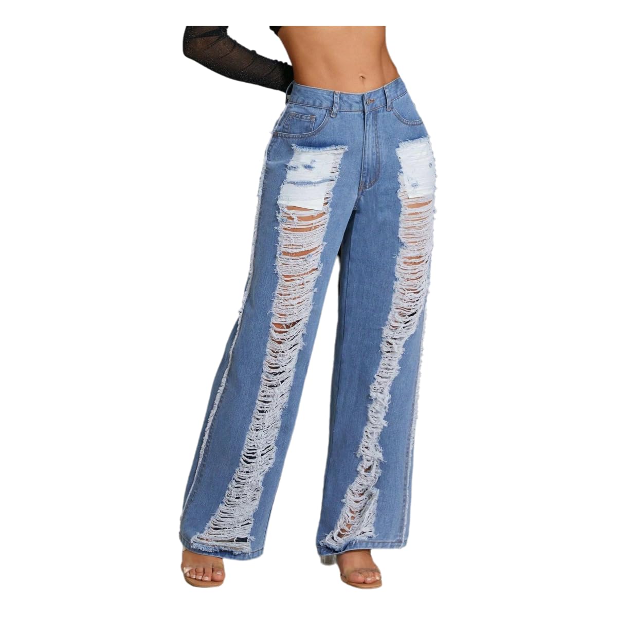 Jeans da Donna Moda Strappato Dritto Sciolto Denim Pantaloni Casual-Blu-l