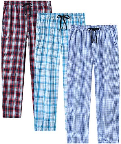 MoFiz Men's Pajama Bottom Pants Cotton Plaid Sleepwear Loungewear Pants House Wear 3-Pack Size M