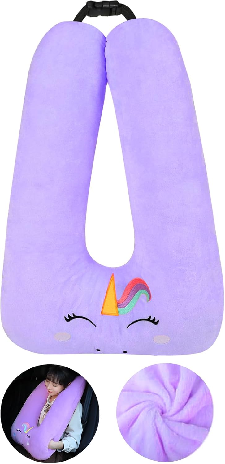 MissSoul Kids Travel Pillow for Car Seat with Hand Muff, Cartoon Neck & Headrest Seat Belt Pillow for Car Road Trips Long-Distance Travel Sleeping Pillow for Adults and Children, Purple Unicorn Purple Unicorn 28x18