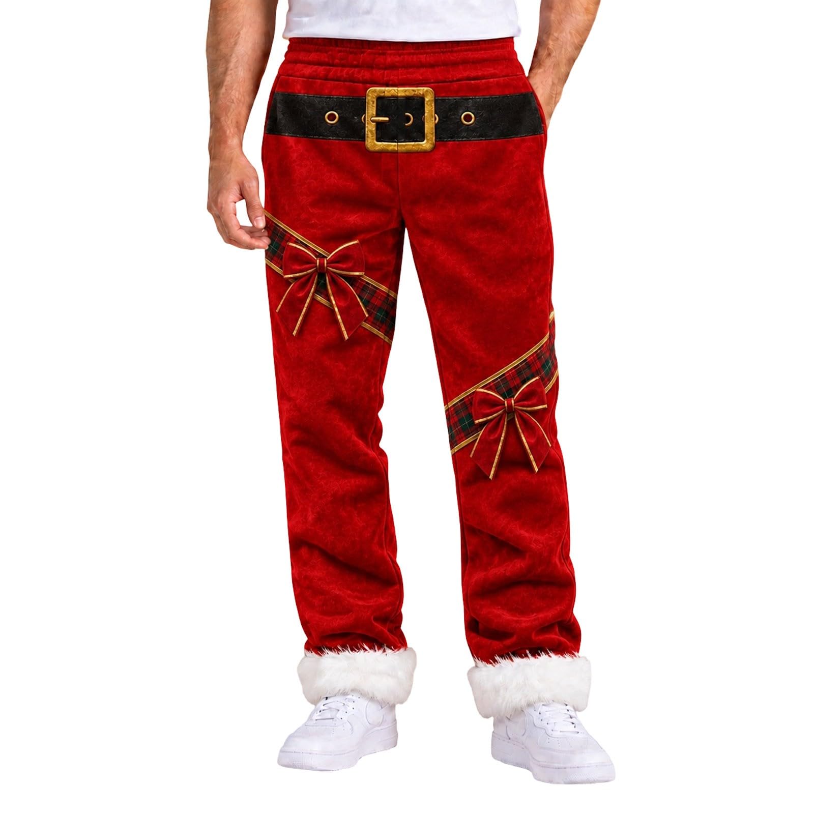 Christmas Costume Pants for Men Green Flannel Xmas Holiday Trousers with Pl