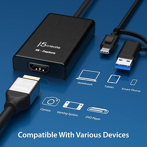Miniatura 4 de j5create Tarjeta de captura de video HDMI 4K, enlace de cámara DSLR, adaptador de captura de juegos para juegos en vivo, transmisión, transmisión,