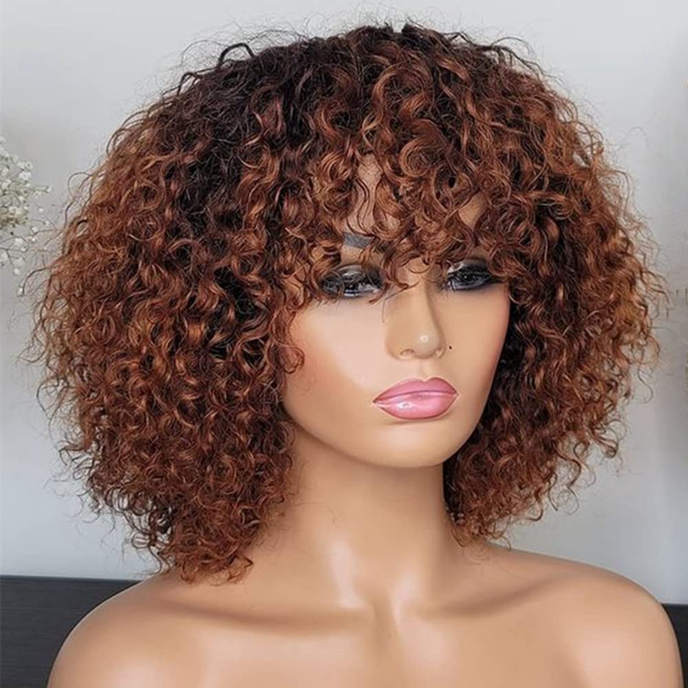 Fabutio T1B/27 Ombre Brown Color Tight Curly Full Machine Made Scalp Top Wig Remy Human Hair Jerry Curl With Bangs Glueless None Lace Wig For Women O Scalp Top 24 Inch