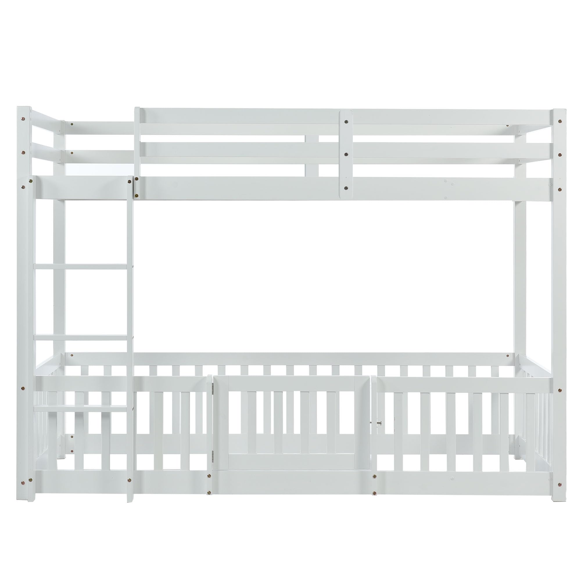 Etagenbett Kinderbett 90 x 200 mit Zäune und Türchen, Hochbett für 2 Kinder, Massivholz Bodenbett Stockbett Funktionsbett Jugendbett mit Leiter, Doppelbett mit Rausfallschutz und Lattenrost, Weiß