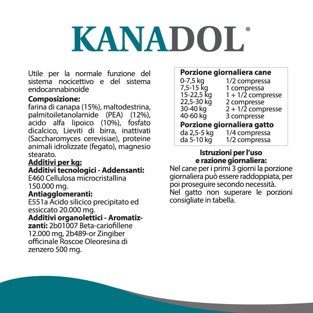 Aurora Biofarma Kanadol 50 Compresse - Mangime complementare utile per la normale funzione del sistema nocicettivo ed endocannabinoide - Adatto a Cani e Gatti