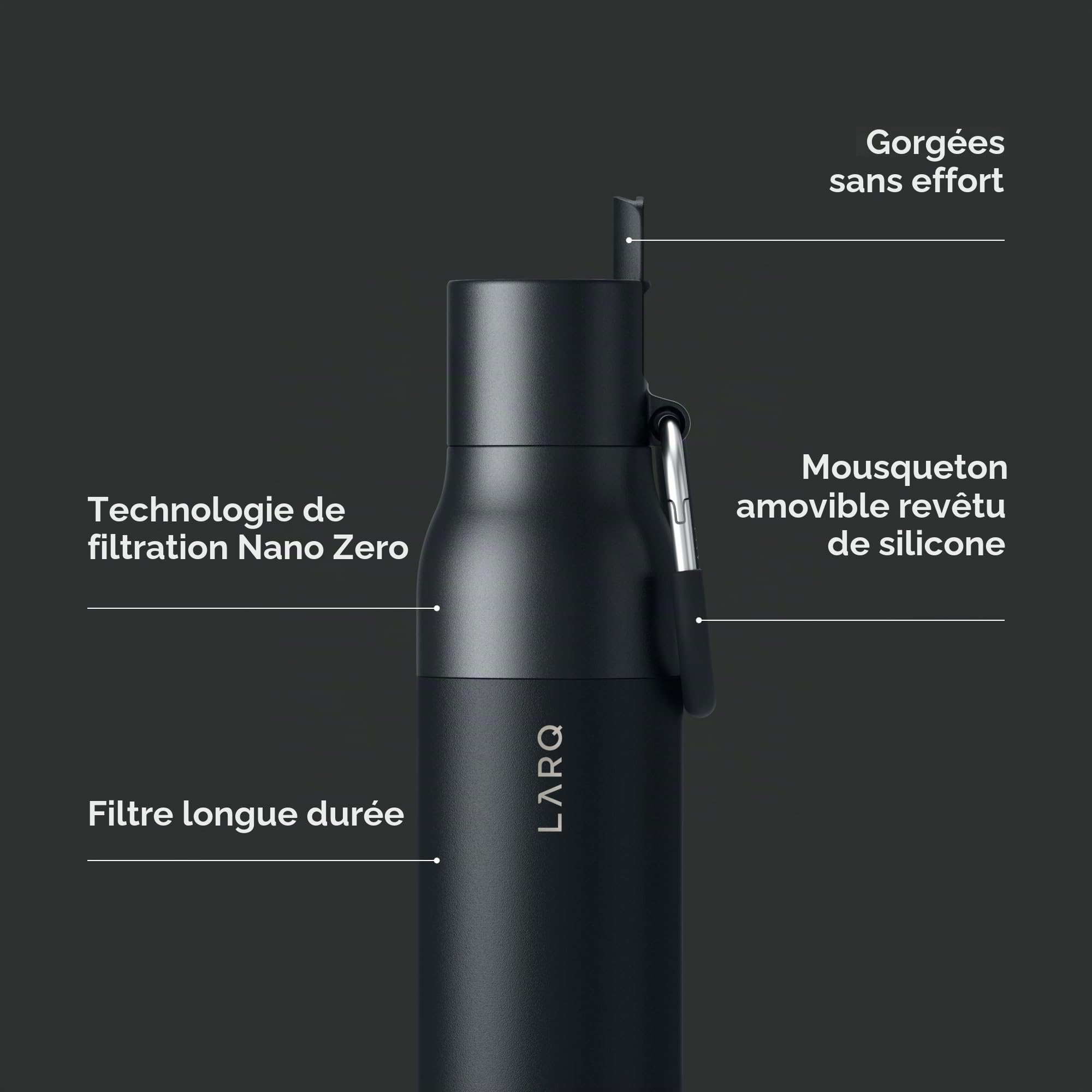 LARQ Bouteille Filtered - Bouteille d'eau isotherme en acier inoxydable sans BPA avec technologie Nano Zero et filtres longue durée, 740ml, Obsidian Black
