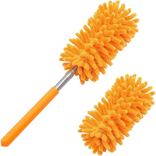 Microfiber Duster for Cleaning, Tukuos Hand Washable Dusters with 2pcs Replaceable Microfiber Head, Extendable Pole, Detachable Cleaning Supplies for Office, Car, Window, Furniture, Ceiling Fan