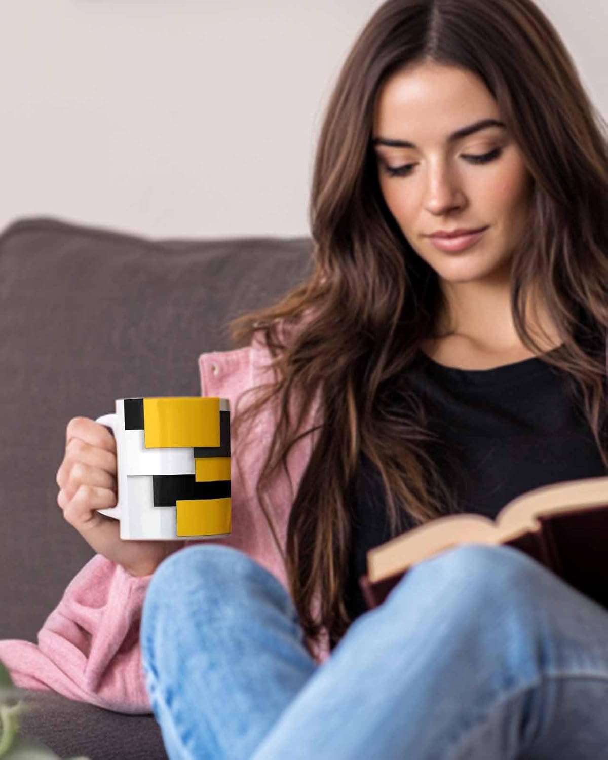 BEMIGO Ceramic Coffee Mug Abstract Patchwork Ceramic Mug White Cup, Yellow Gray Art Insulated Coffee Cup with Handle with Pattern Perfect for Tea and Hot Beverages, 12oz