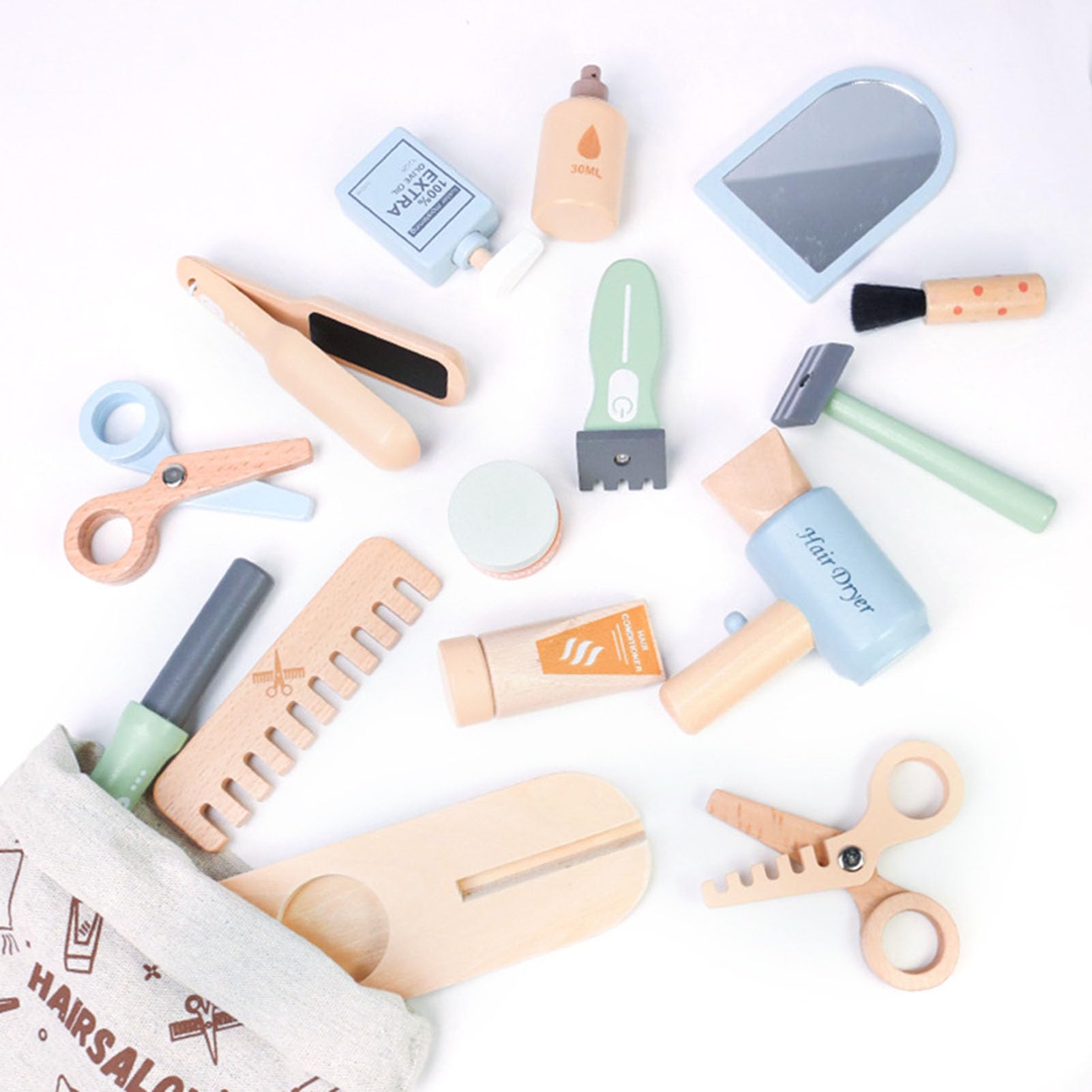 Set di Gioco per Bambini Parrucchiere in Legno, Accessori per Negozio di Barbiere Finti, Giocattolo per la parrucchieria di Ruolo