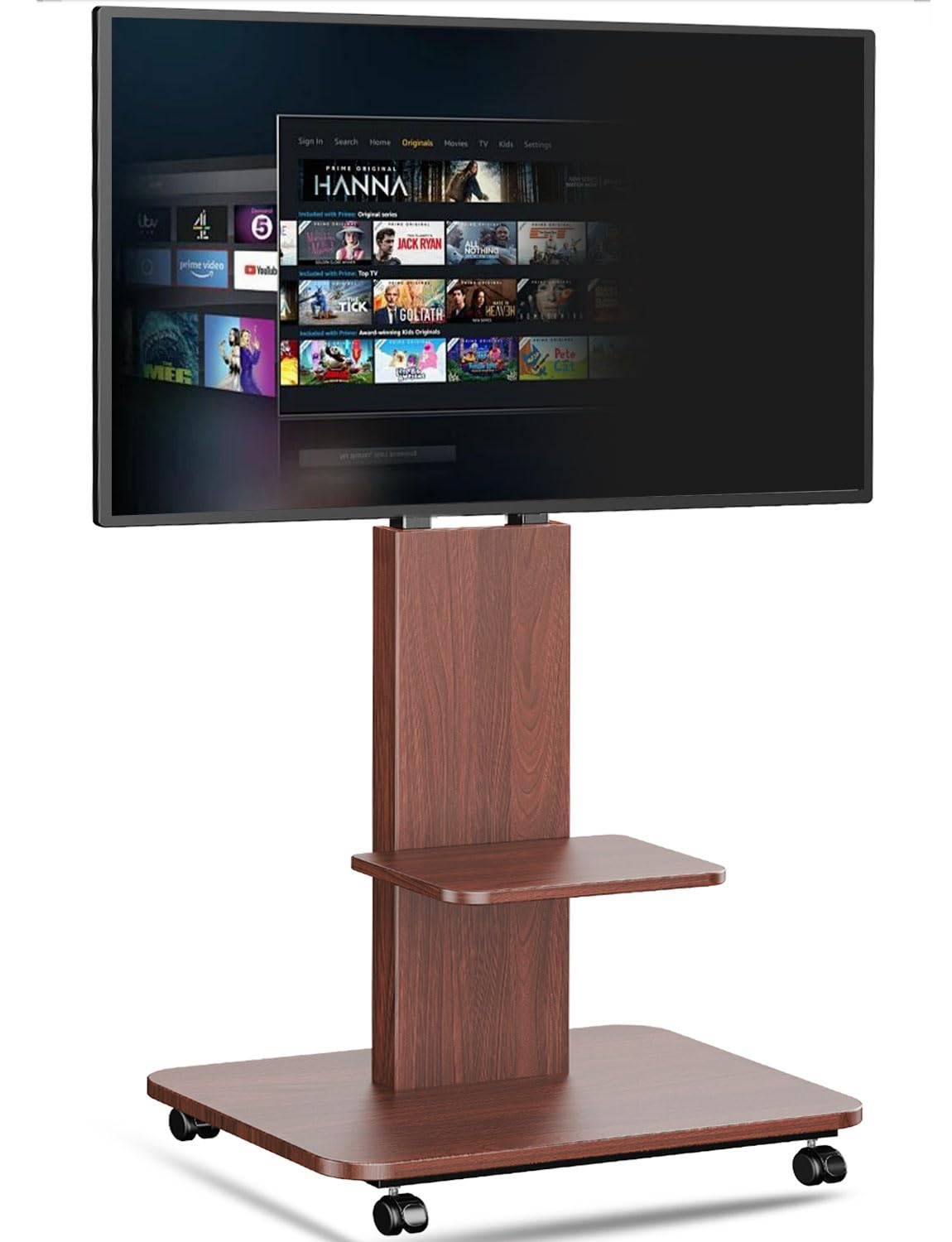 Supporto TV su base pavimento con ruote per schermo da 32 a 75 pollici/LCD/LED/Plasma,Carrello TV con roulette con scaffalatura, regolabile in altezza può sopportare fino a 60 kg, VESA 200 x