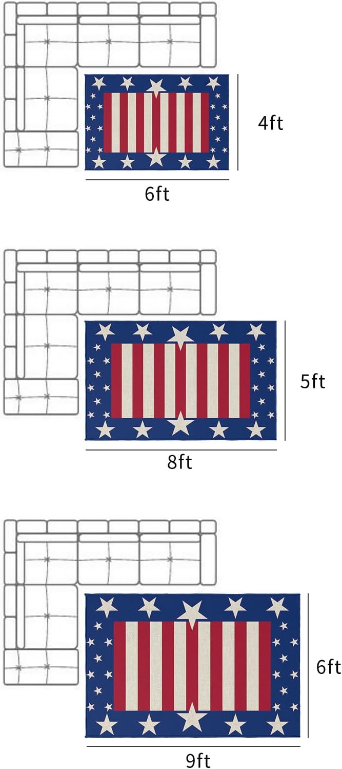 4th of July Outdoor Rug 4x6 ft USA Flag Outdoor Large Area Rug Non Slip Stripes Stars Red Blue White Independence Day Front Door Mat RV Camping Carpet Patio Outdoor Rugs for Backyard Balcony Indoor