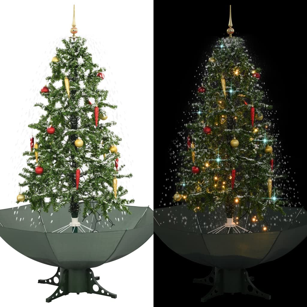 KOIECETA Schneiender Weihnachtsbaum mit Schirmfuß Schneefall Kugeln LED-Lampen Tannenbaum Christbaum Kunstbaum Dekobaum Schnee Grün 170cm