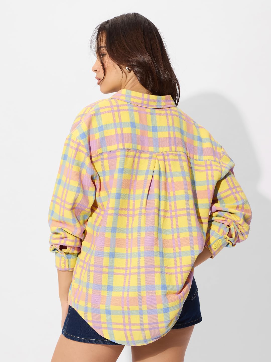 The Souled Store Schottisches Hemd: Zitrone für Damen und Mädchen, Langarm, Knopfleiste, vorne, Boyfriend-Hemden, Baumwolle